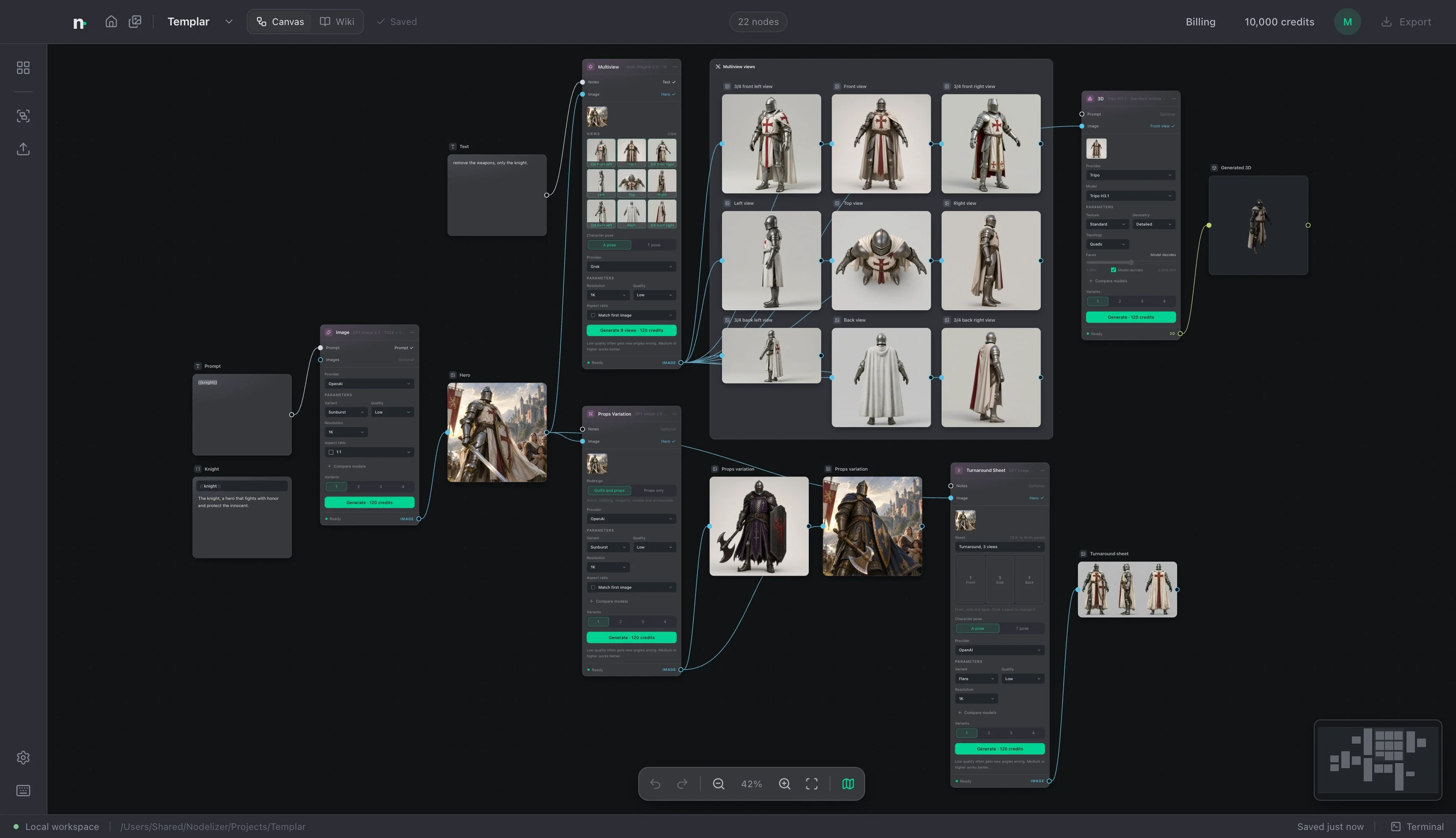 A janela do Nodelizer com um projeto aberto: um prompt alimenta um node Image, e o cavaleiro que ele criou alimenta nodes que produzem nove vistas dele, duas novas versões, uma folha de turnaround e um modelo 3D.