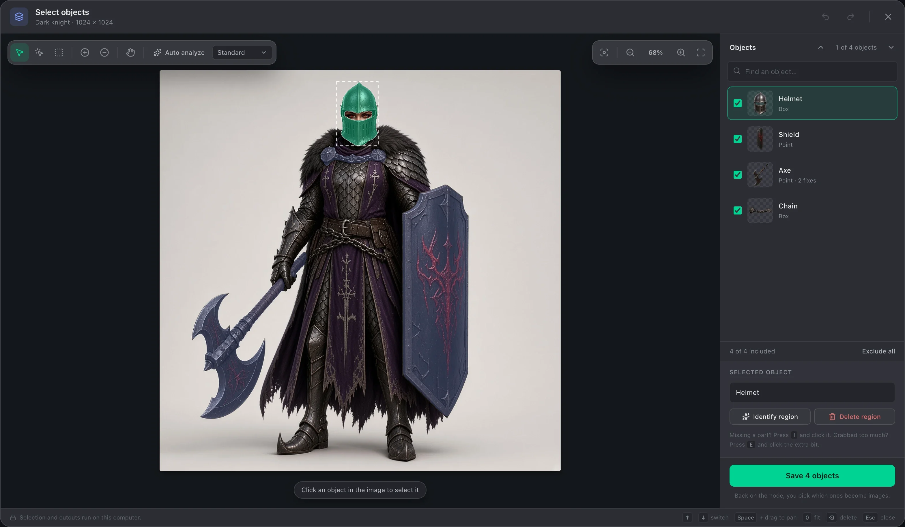O editor Select objects aberto em um cavaleiro sombrio. O elmo está destacado em verde, e uma lista ao lado da imagem mostra quatro objetos salvos: Helmet, Shield, Axe e Chain.