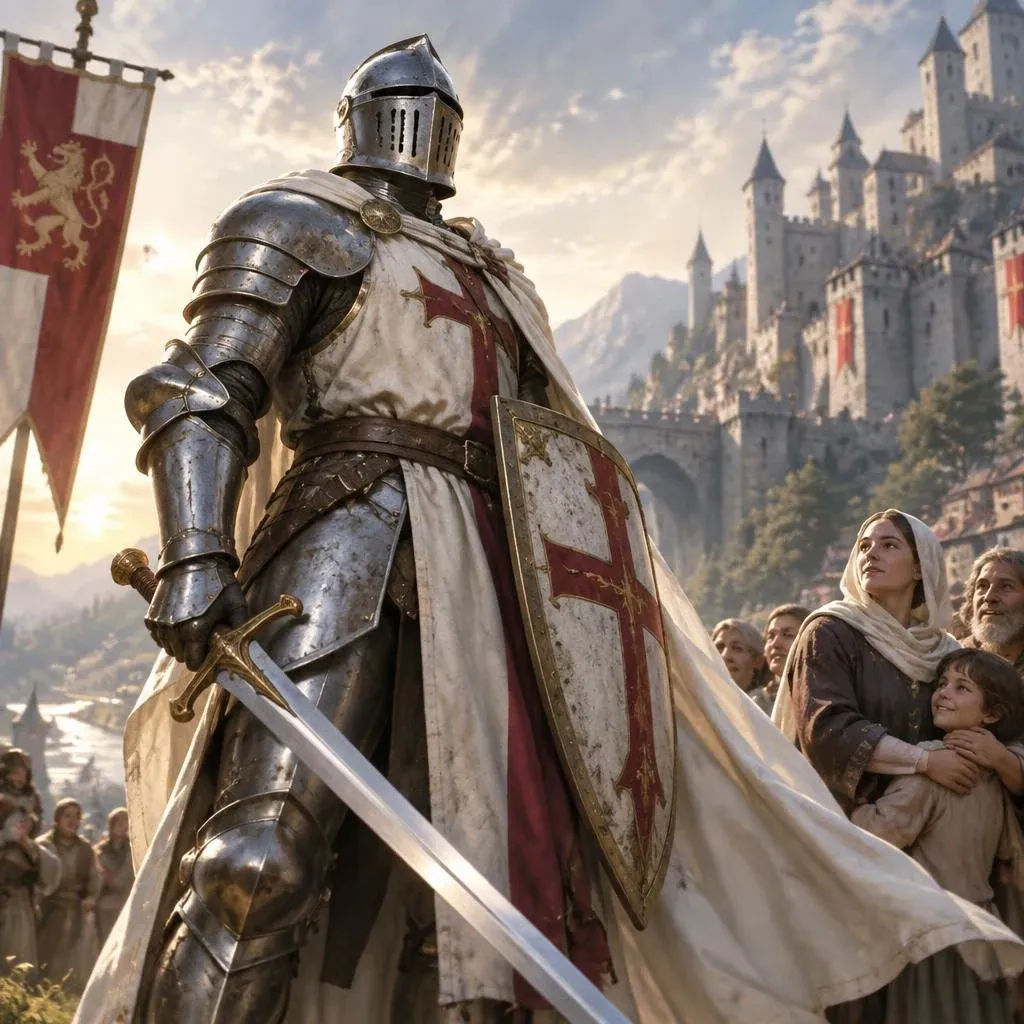 Um cavaleiro templário de branco e vermelho em frente a um castelo