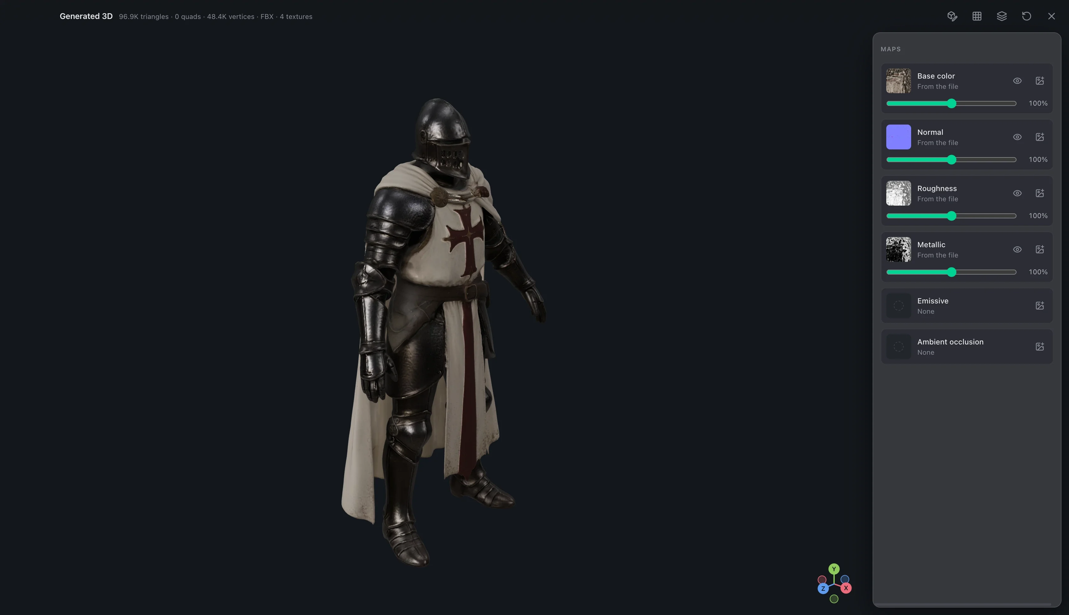 O visualizador 3D mostrando o cavaleiro como um modelo com textura, com a contagem de triângulos e um painel de mapas: base color, normal, roughness e metallic.