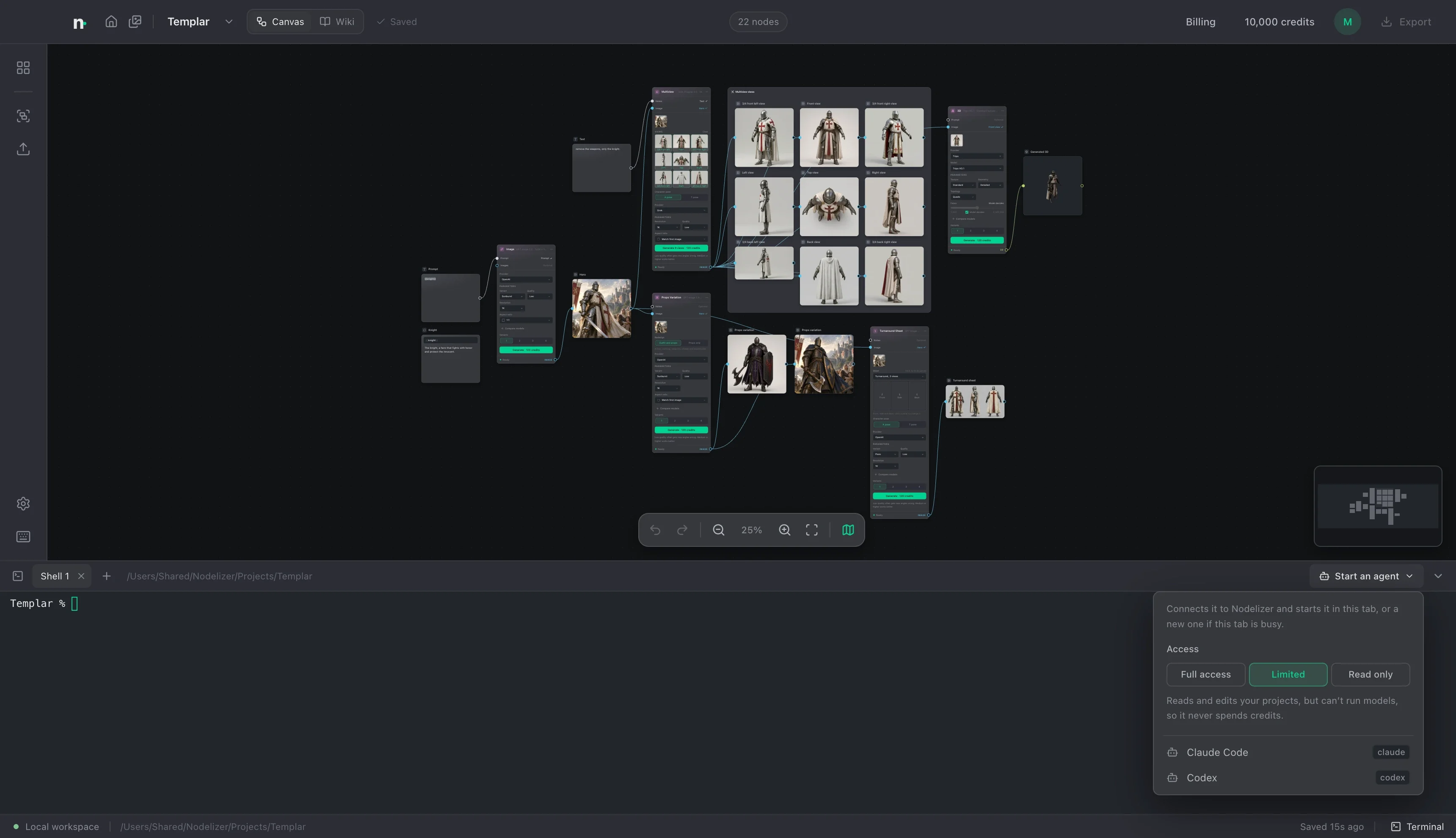 O app com um terminal embaixo do canvas. Um menu chamado Start an agent oferece três níveis de acesso, Full access, Limited e Read only, e dois agentes para iniciar: Claude Code e Codex.