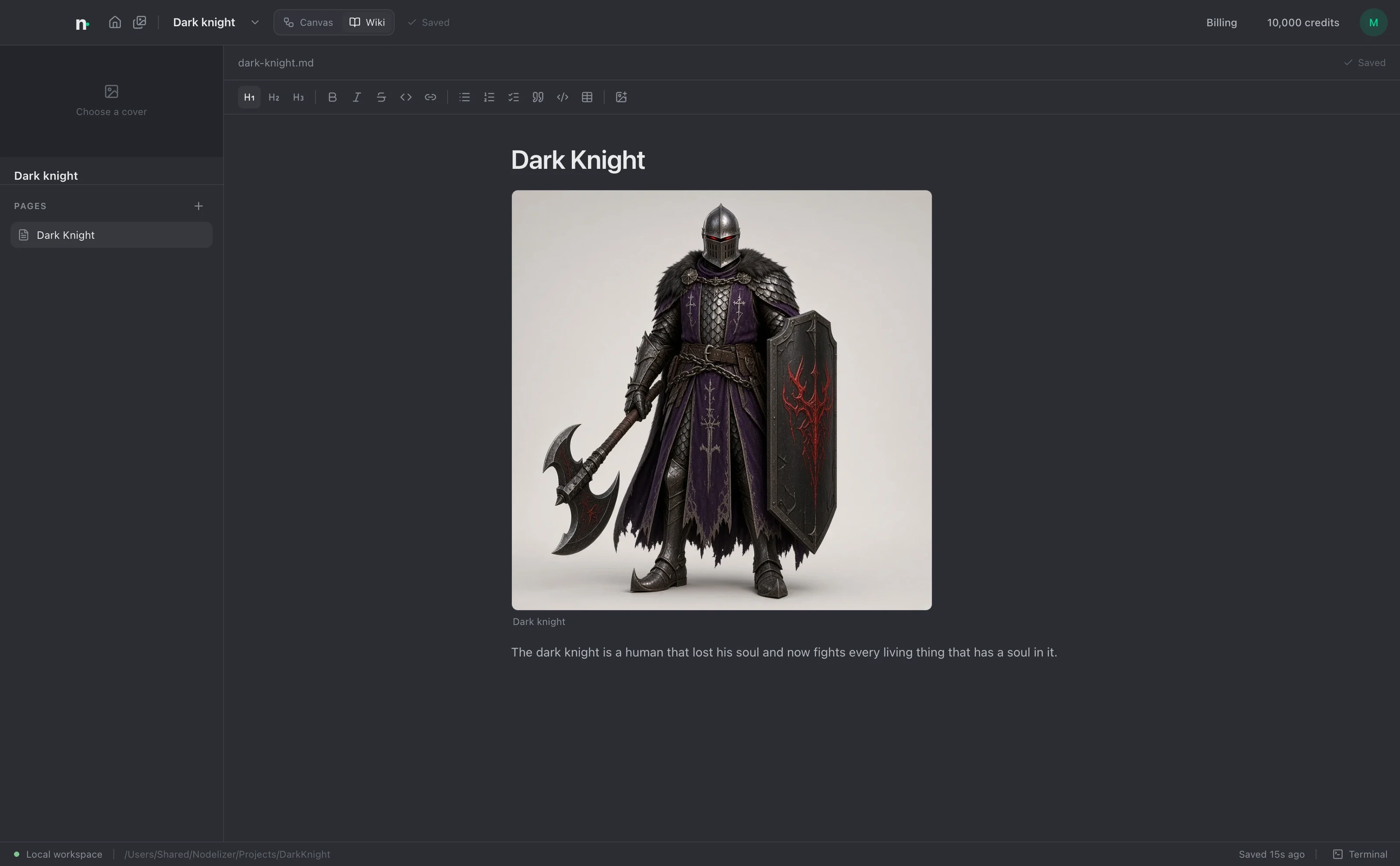 A Wiki de um projeto, mostrando uma página chamada Dark Knight com uma imagem do personagem e uma linha sobre quem ele é.